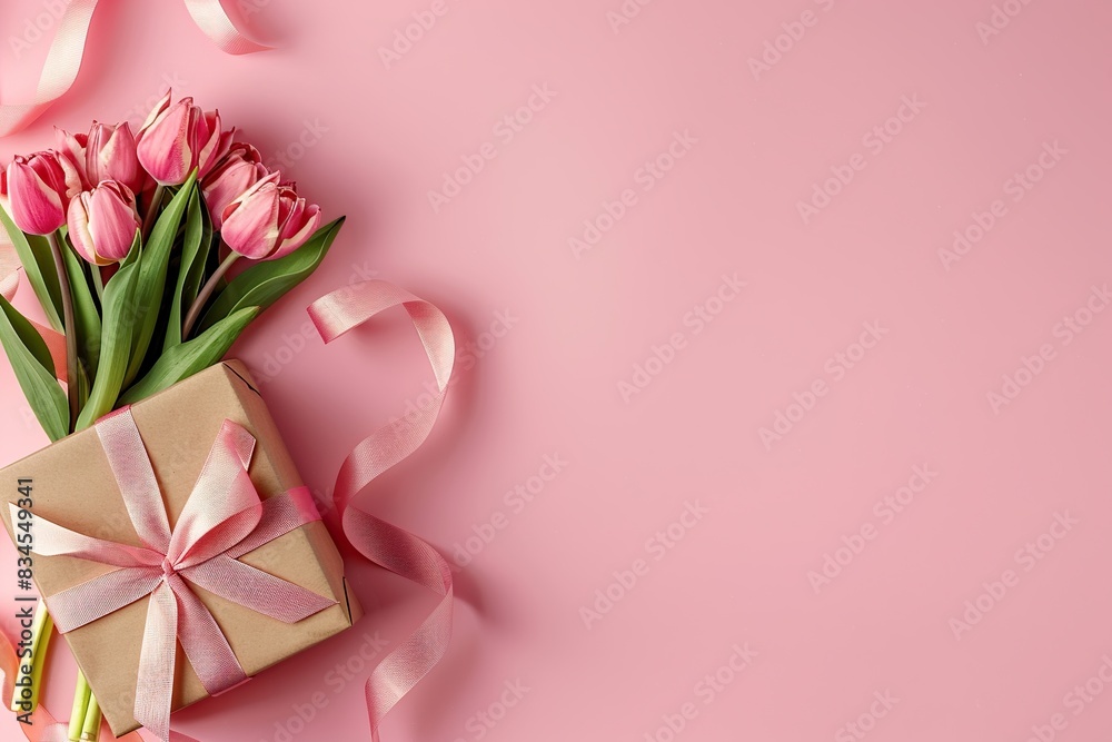 Greeting background with freshly pink roses flowers on a pink background . Festive banner for birthday, mother's day Greeting background with freshly pink roses flowers on a pink background . Festive banner for birthday, mother's day