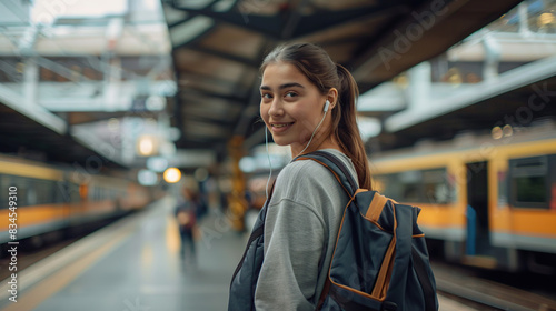 A beautiful woman with a backpack is waiting for the subway at the subway station. She is smiling and turning back with her headphones