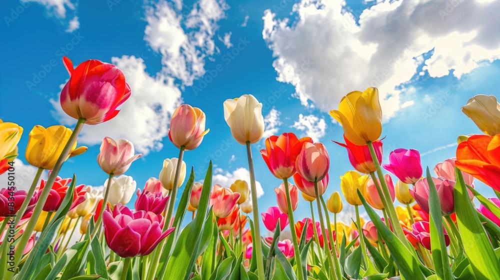 A stunning variety of multicolored tulips beneath a clear blue sky filled with white clouds