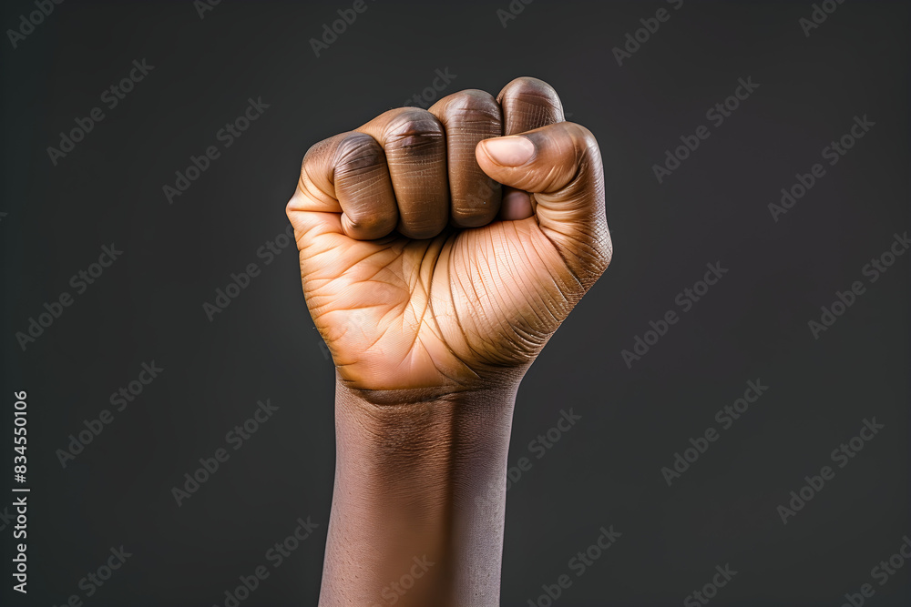 A raised clenched fist symbolizing unity and protest, representing Juneteenth celebration and black history month concept. A raised clenched fist symbolizing unity and protest, representing Juneteenth celebration and black history month concept.