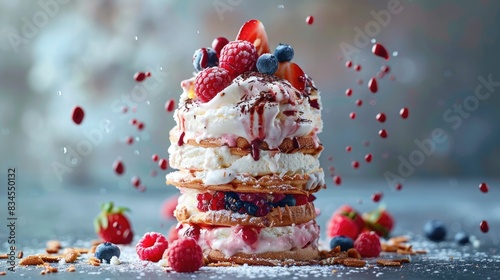 A delicious meringue cake topped with fresh berries and whipped cream, with a dramatic splash of sauce.