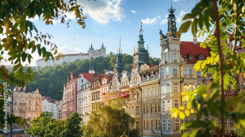 traditional karlovy vary city buildings in czech republic on sunny summer day photo