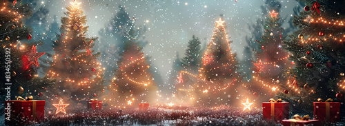 Festive Forest Illuminated by Red and Gold Lights Yuletide Fantasy: Trees Radiating Red and Golden Glow