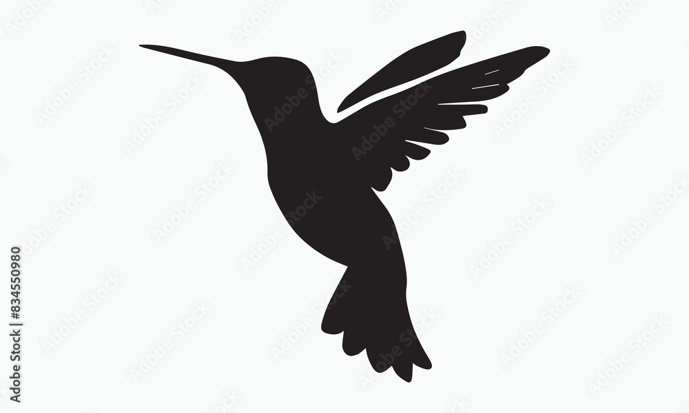 Fototapeta premium Black silhouette illustration of a flying hummingbird on white background.