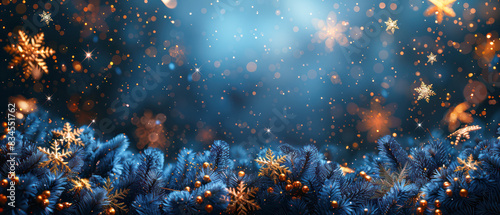 Christmas tree outdoor with snow, lights bokeh around, and snow falling, Christmas atmosphere.Generative AI