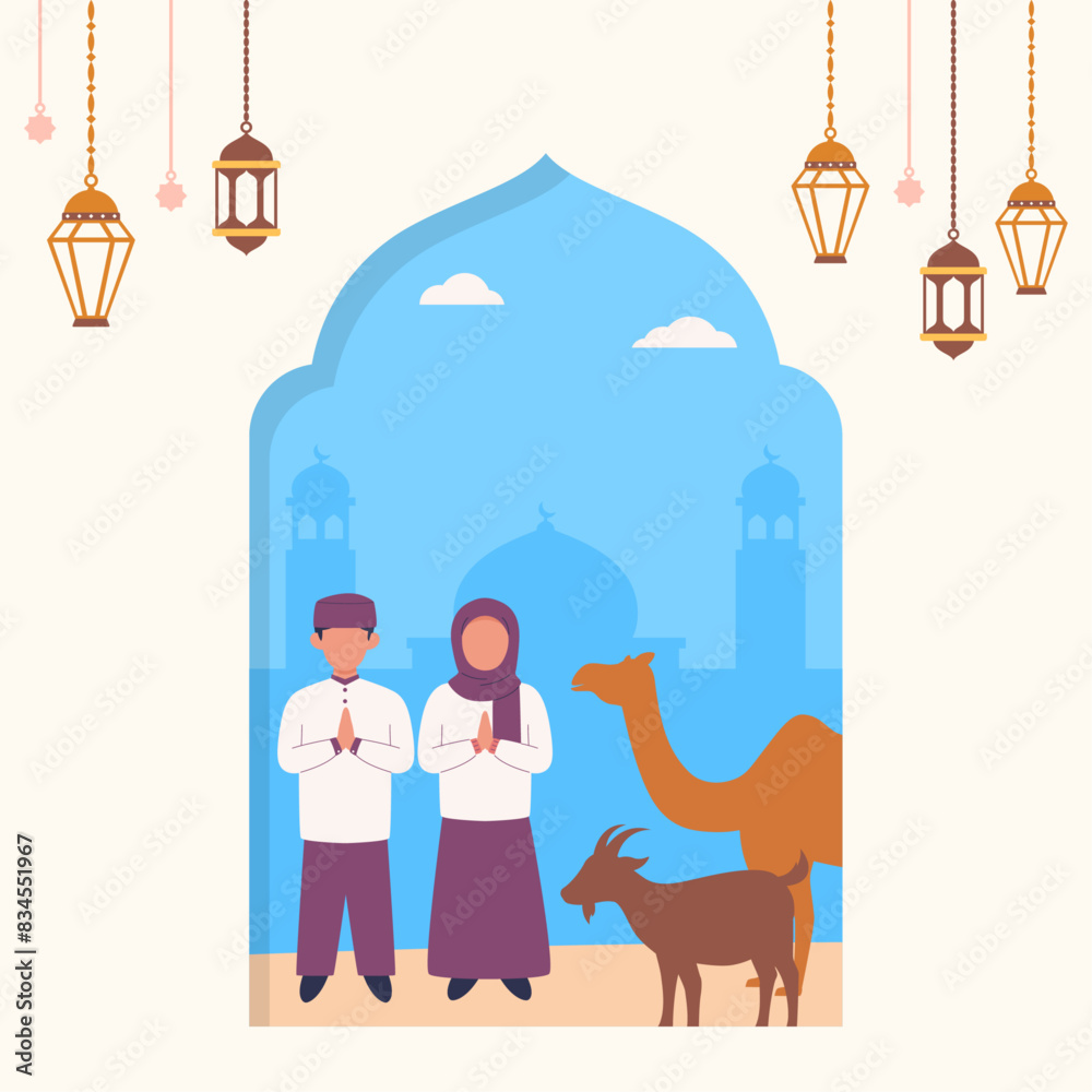 Flat design of Eid Al-Adha Mubarak greeting postcard illustration Flat design of Eid Al-Adha Mubarak greeting postcard illustration