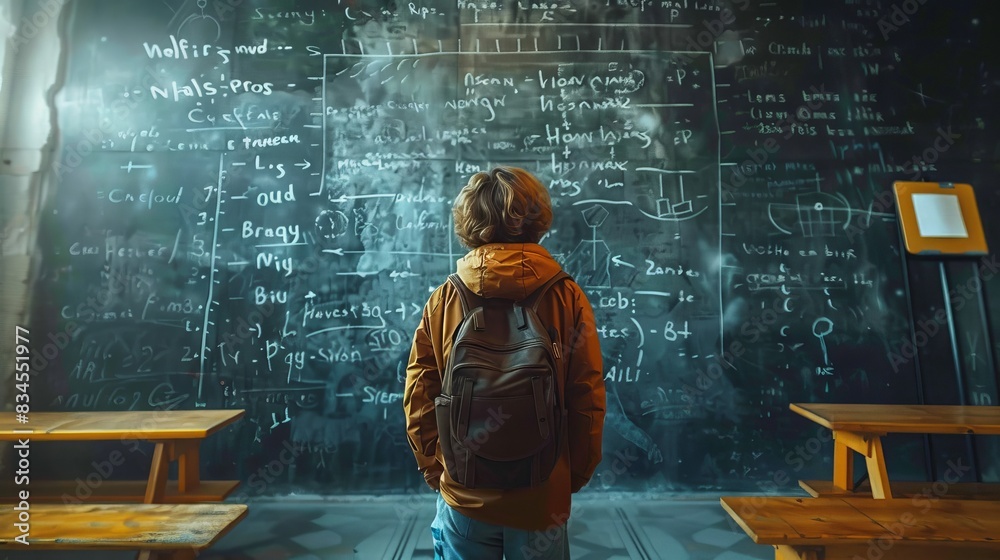 Abstract double exposure of a chalkboard filled with math formulas and a student, symbolizing innovative educational concepts Abstract double exposure of a chalkboard filled with math formulas and a student, symbolizing innovative educational concepts