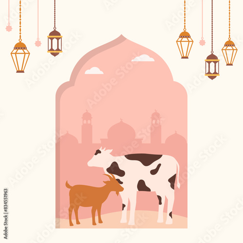 Flat design of Eid Al-Adha Mubarak greeting postcard illustration