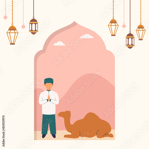 Flat design of Eid Al-Adha Mubarak greeting postcard illustration