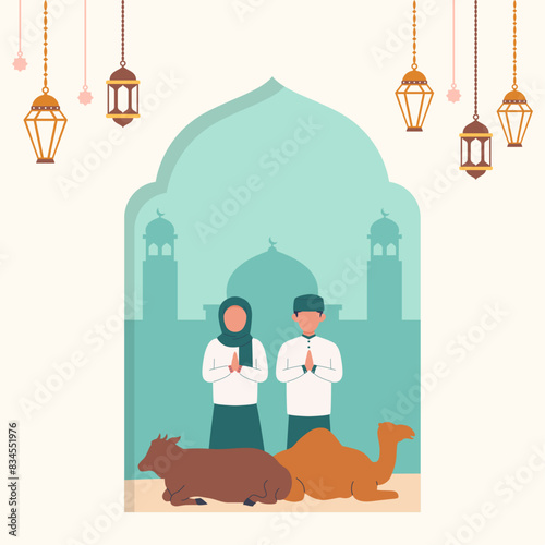 Flat design of Eid Al-Adha Mubarak greeting postcard illustration