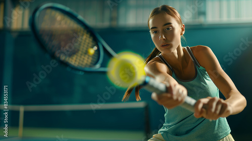 A female tennis player intensely focuses on hitting the ball during a match in an indoor court, showcasing her athleticism and skill. 