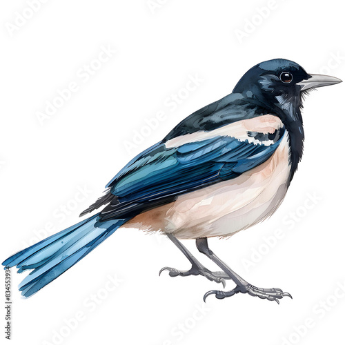 Oriental Magpie Robinon a white background watercolor hand drawing photo