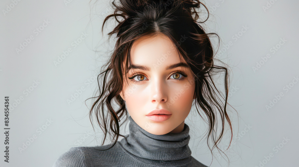 Naklejka premium Black and white fashion art studio portrait of beautiful elegant woman in black hair.Generative AI