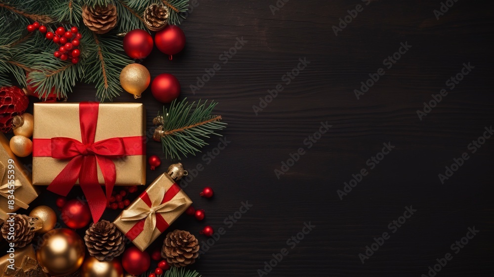 Christmas background with fir tree, red and gold gifts. top view copy space, generative ai Christmas background with fir tree, red and gold gifts. top view copy space, generative ai