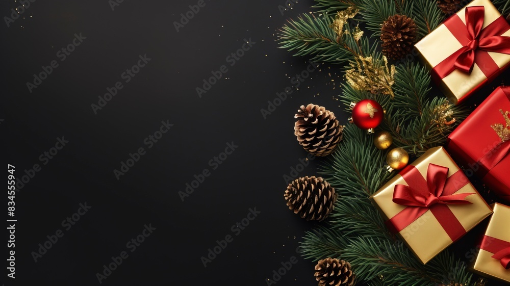 Christmas background with fir tree, red and gold gifts. top view copy space, generative ai Christmas background with fir tree, red and gold gifts. top view copy space, generative ai