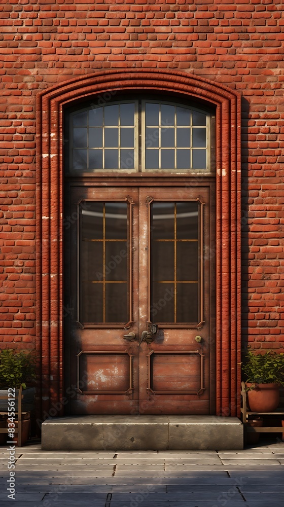 A door with glass panes on the front of a brick building. Red brick exterior A door with glass panes on the front of a brick building. Red brick exterior