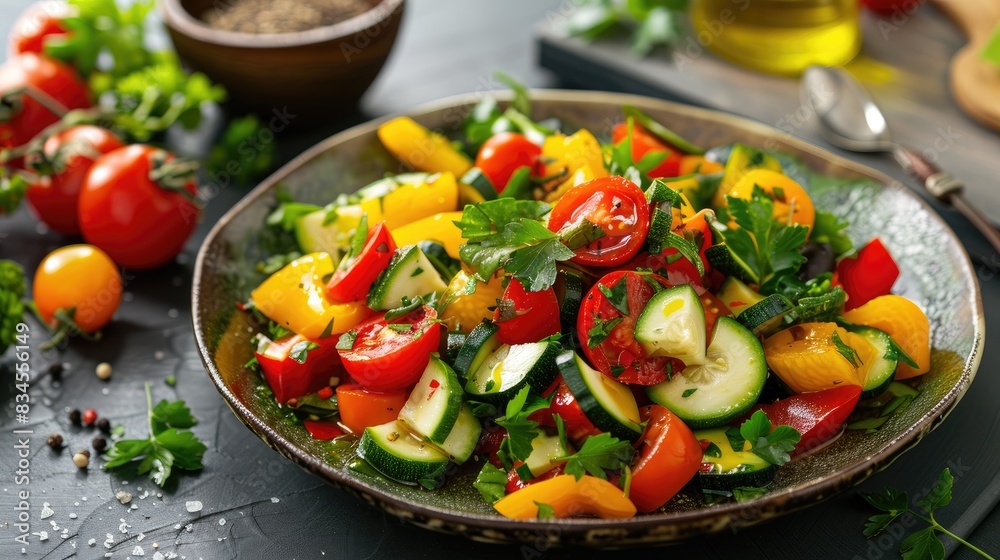 Vegetable Medley Salad with Zucchini Red and Yellow Bell Peppers Tomatoes Tossed in Olive Oil
