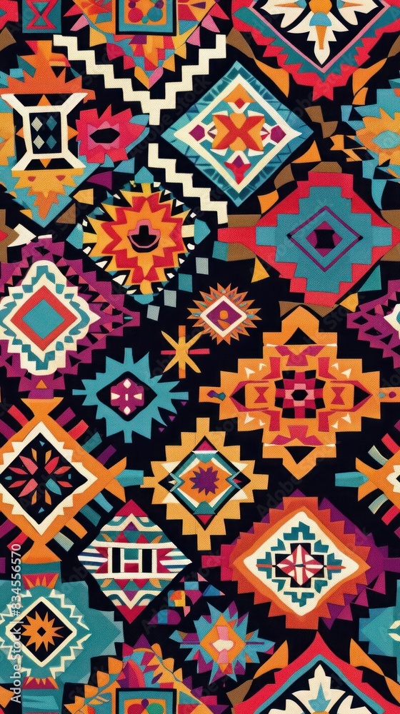 Bold and Colorful Aztec Pattern Encompassing the Entire Surface with Dynamic Shapes Bold and Colorful Aztec Pattern Encompassing the Entire Surface with Dynamic Shapes