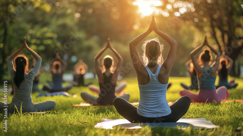 A group of people practicing yoga together in a park, showcasing the community aspect of yoga practice, Park Yoga, hd, with copy space, inscription International Yoga Day