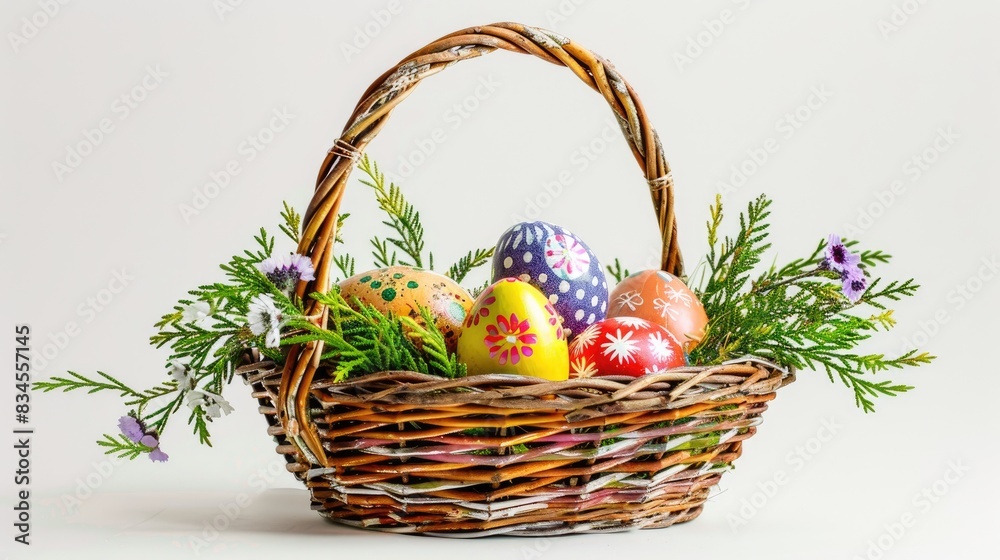 Easter basket with decorated eggs on a white backdrop Easter basket with decorated eggs on a white backdrop