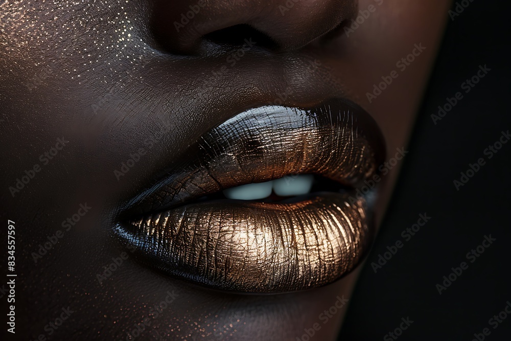 Close-up of a beautiful woman's mouth. A shot of an African-American woman with glossy ajar lips Dark skin. Plump full lips. Close-up detail of the face. Close-up of a beautiful woman's mouth. A shot of an African-American woman with glossy ajar lips Dark skin. Plump full lips. Close-up detail of the face.
