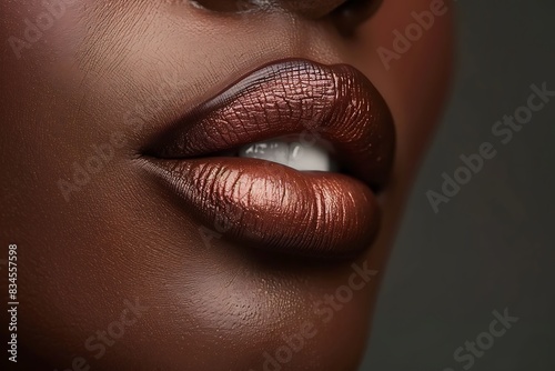 Close-up of a beautiful woman's mouth. A shot of an African-American woman with glossy ajar lips Dark skin. Plump full lips. Close-up detail of the face.