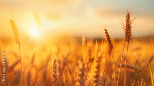 Sunset over a golden wheat field landscape background with copy space  in the nature and food concept.