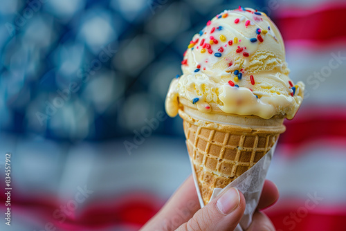ice cream waffle cone in hands on summer light nature background, independence day. 4th of July.