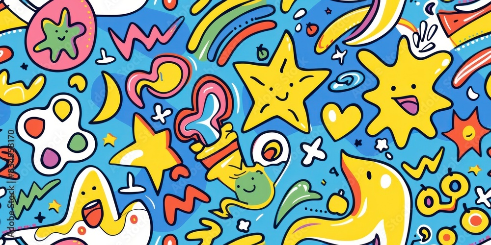Cheerful and Lively Cartoon Pattern Featuring a Spectrum of Colors and Whimsical Imagery Cheerful and Lively Cartoon Pattern Featuring a Spectrum of Colors and Whimsical Imagery