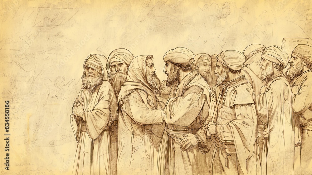 Naklejka premium Biblical Illustration of Ezra 4: Opposition to rebuilding efforts by local adversaries, letters to Persian kings, resulting halt of construction, Beige Background, copyspace