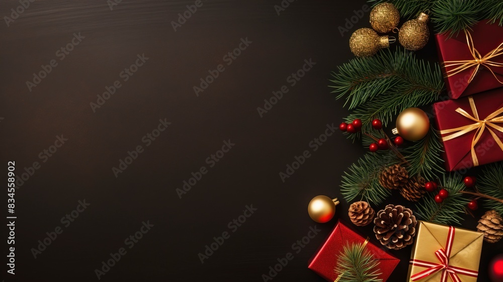 Christmas background with fir tree, red and gold gifts. top view copy space, generative ai Christmas background with fir tree, red and gold gifts. top view copy space, generative ai