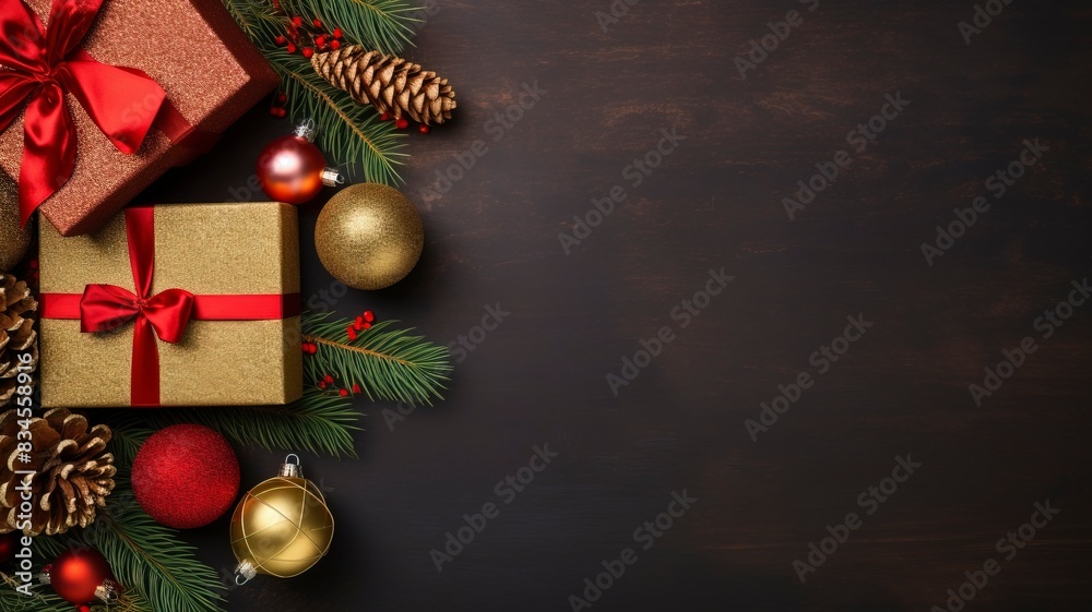 Christmas background with fir tree, red and gold gifts. top view copy space, generative ai