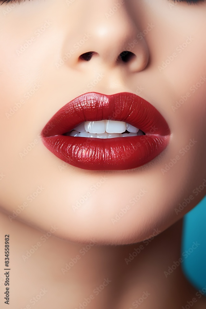 Fototapeta premium Close-up of beautiful female lips with soft white skin, shiny, healthy coloured lips, half open, sigh.