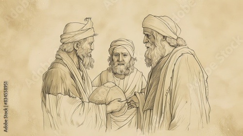 Biblical Illustration of Genesis 25: Birth of Esau and Jacob, Different Characters, Esau Selling Birthright for Stew on Beige Background with Copyspace for Themes of Legacy and Rivalry photo