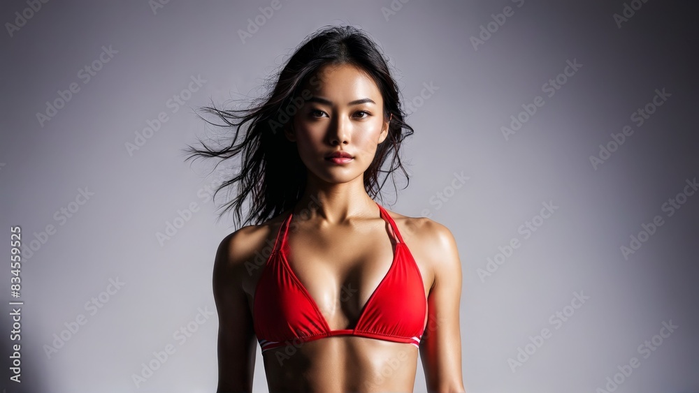 Fototapeta premium Asian Woman Dynamic in Red Athletic Bikini with Stripes Captured in motion the dynamic stripes