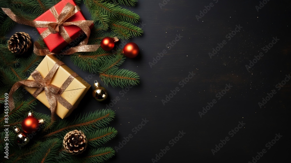 Christmas background with fir tree, red and gold gifts. top view copy space, generative ai Christmas background with fir tree, red and gold gifts. top view copy space, generative ai