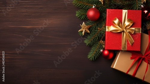 Christmas background with fir tree, red and gold gifts. top view copy space, generative ai © ImronDesign