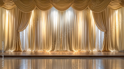 Golden Theater Curtains on Elegant Stage. Copy space. Generative AI