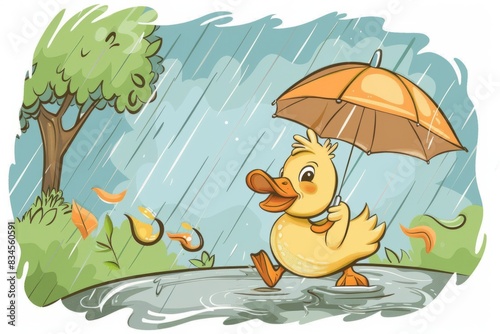 Cartoon cute doodles of a duck with an umbrella running in the rain  Generative AI