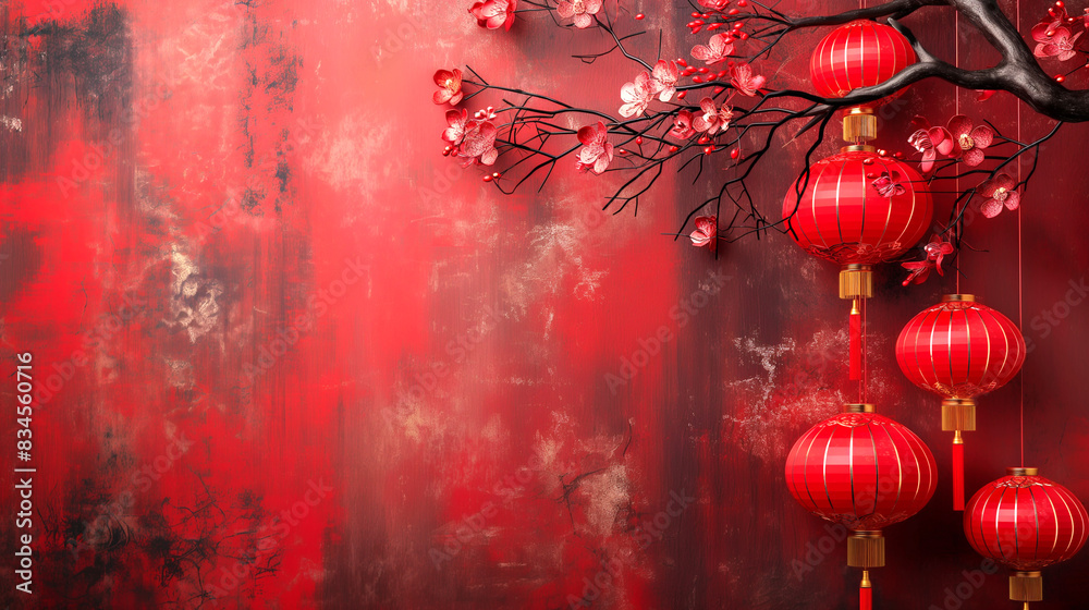 Fototapeta premium Chinese New Year celebration with red lanterns and cherry blossoms. Copy space. Generative AI