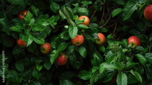 Ripe Gravenstein Apples growing among verdant foliage photo