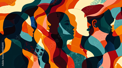 Abstract illustration of diverse female silhouettes in vibrant colors. Digital art for poster, wallpaper, and print. Concept of unity and diversityabstract, illustration, female, silhouettes, vibrant,