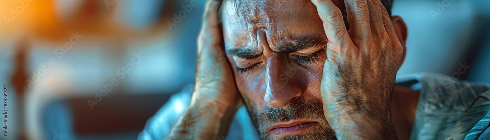 A man sits in a room with his hands on his head, appearing stressed and frustrated. The image captures a moment of intense emotion and pressure. A man sits in a room with his hands on his head, appearing stressed and frustrated. The image captures a moment of intense emotion and pressure.