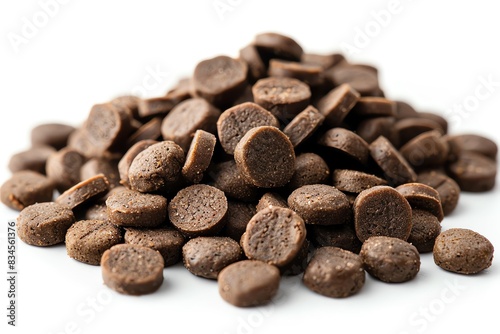 Close-up image of a pile of brown circular dry pet food kibbles isolated on a white background, ideal for pets and animals nutrition product photography. photo