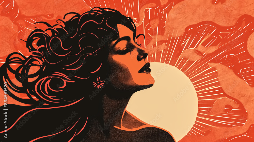 Stylized digital illustration of a woman with flowing hair against a radiant sun background in orange hues. Concept of beauty and empowerment for poster, wallpaper, and print. Stylized digital illustration of a woman with flowing hair against a radiant sun background in orange hues. Concept of beauty and empowerment for poster, wallpaper, and print.