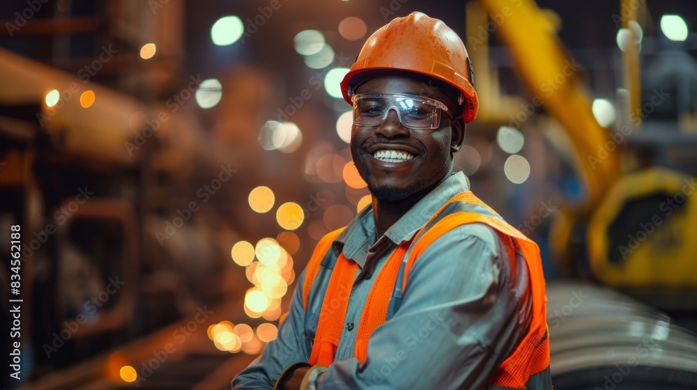 A man in a safety vest and hard hat is smiling A man in a safety vest and hard hat is smiling