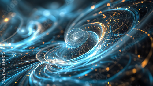 Abstract digital illustration of swirling blue and gold light patterns. Concept of energy and motion for poster, wallpaper, and print