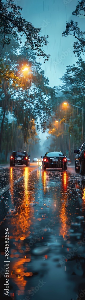 Night street scene with cars driving on a wet road, reflecting streetlights and rain-soaked surroundings framed by trees, creating a tranquil ambiance.