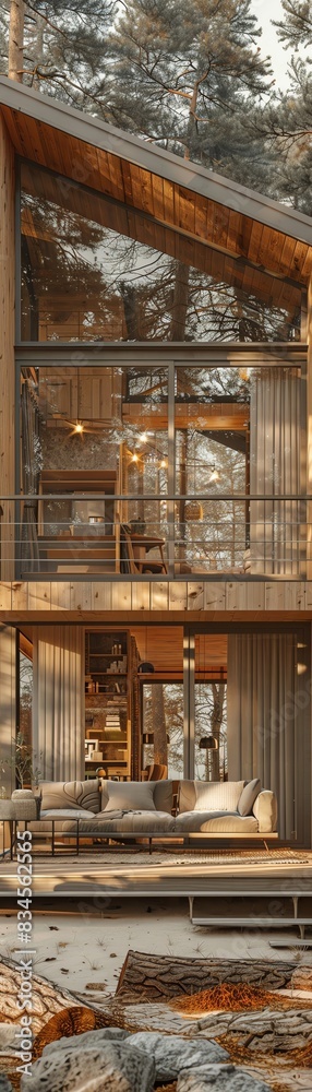 Fototapeta premium Modern wooden cabin with large glass windows and cozy interior nestled in a forest setting, ideal for nature retreats and relaxation.