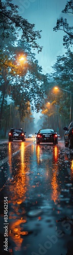 Night street scene with cars driving on a wet road, reflecting streetlights and rain-soaked surroundings framed by trees, creating a tranquil ambiance. © Mind